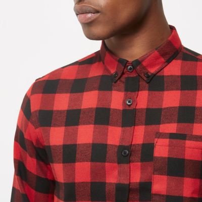 Red casual buffalo check flannel shirt